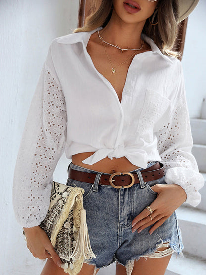 Shirts- Eyelet Long Sleeve Collared Shirt - Solid Button-Up Blouse- - Pekosa Women Clothing