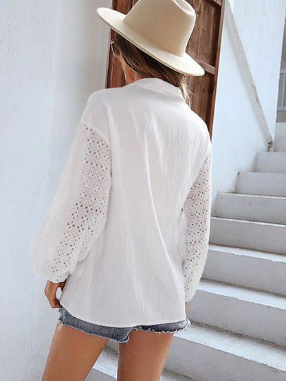 Shirts- Eyelet Long Sleeve Collared Shirt - Solid Button-Up Blouse- - Pekosa Women Clothing