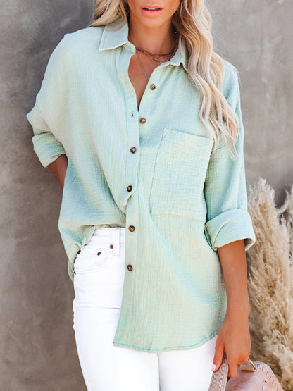 Shirts- Functional Fashion: Women's Short Sleeves Button Down Shirt - Pocketed- Green- Pekosa Women Clothing