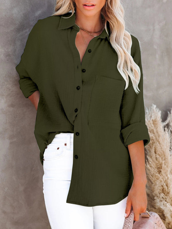 Shirts- Functional Fashion: Women's Short Sleeves Button Down Shirt - Pocketed- Olive green- Pekosa Women Clothing