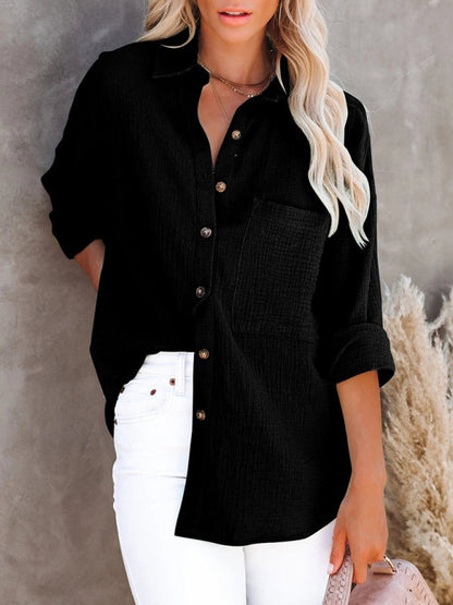 Shirts- Functional Fashion: Women's Short Sleeves Button Down Shirt - Pocketed- Black- Pekosa Women Clothing