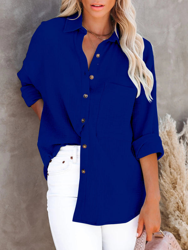 Shirts- Functional Fashion: Women's Short Sleeves Button Down Shirt - Pocketed- Purplish blue navy- Pekosa Women Clothing