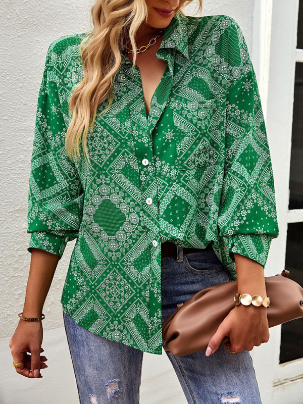 Shirts- Geometric Bandana Print Shirt - Button Down Long Sleeve Top- - Pekosa Women Clothing