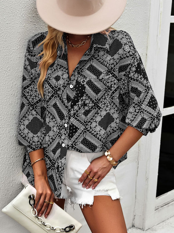 Shirts- Geometric Bandana Print Shirt - Button Down Long Sleeve Top- - Pekosa Women Clothing