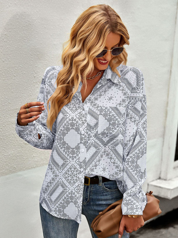 Shirts- Geometric Bandana Print Shirt - Button Down Long Sleeve Top- - Pekosa Women Clothing