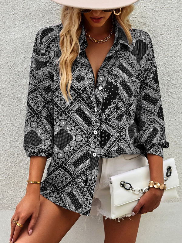 Shirts- Geometric Bandana Print Shirt - Button Down Long Sleeve Top- - Pekosa Women Clothing