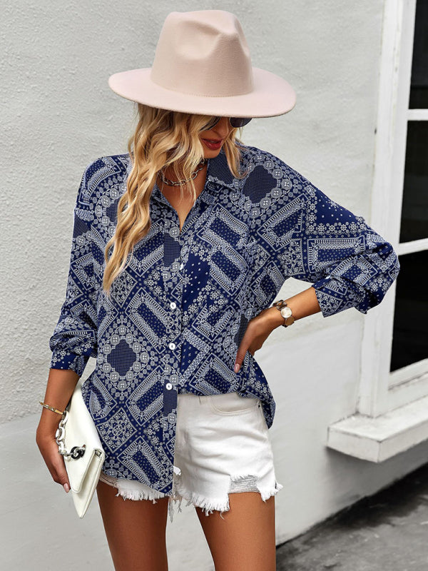 Shirts- Geometric Bandana Print Shirt - Button Down Long Sleeve Top- - Pekosa Women Clothing