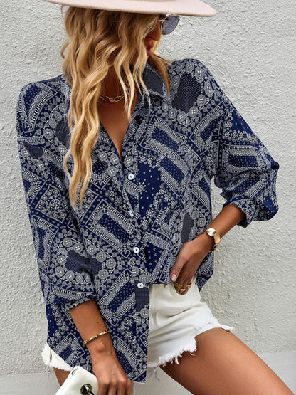 Shirts- Geometric Bandana Print Shirt - Button Down Long Sleeve Top- - Pekosa Women Clothing