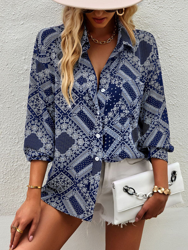 Shirts- Geometric Bandana Print Shirt - Button Down Long Sleeve Top- - Pekosa Women Clothing