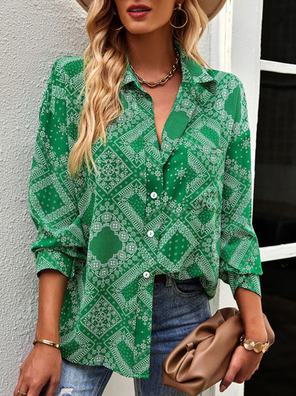 Shirts- Geometric Bandana Print Shirt - Button Down Long Sleeve Top- - Pekosa Women Clothing