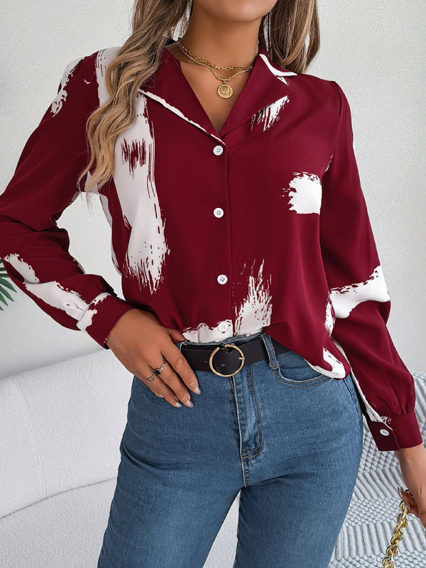 Shirts- High-Fashion Inspired Blouse - Notch Lapels, Button-Down Top- Wine Red- Pekosa Women Clothing