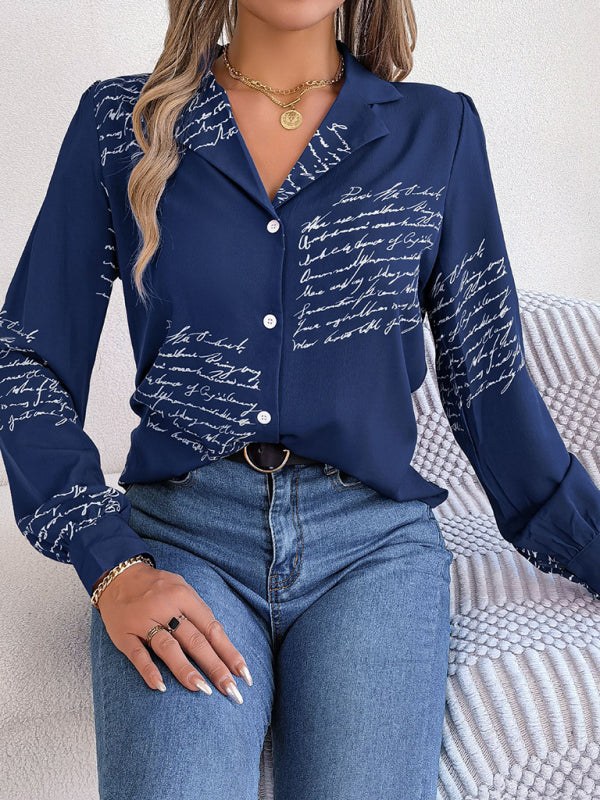 Shirts- Letter Print Shirt - Notch Collar, Long Sleeve, Button-Down Blouse- - Pekosa Women Clothing