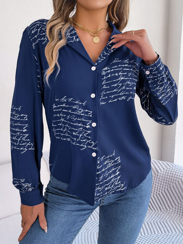 Shirts- Letter Print Shirt - Notch Collar, Long Sleeve, Button-Down Blouse- - Pekosa Women Clothing