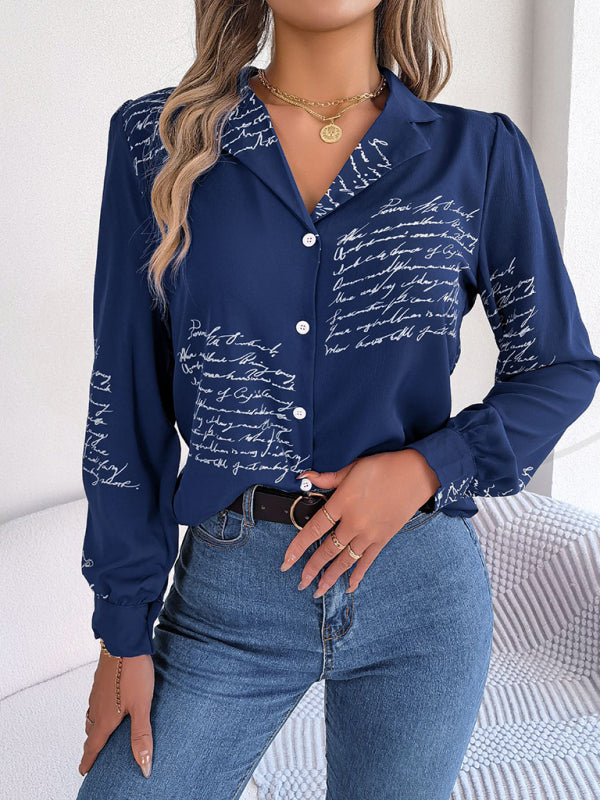 Shirts- Letter Print Shirt - Notch Collar, Long Sleeve, Button-Down Blouse- - Pekosa Women Clothing