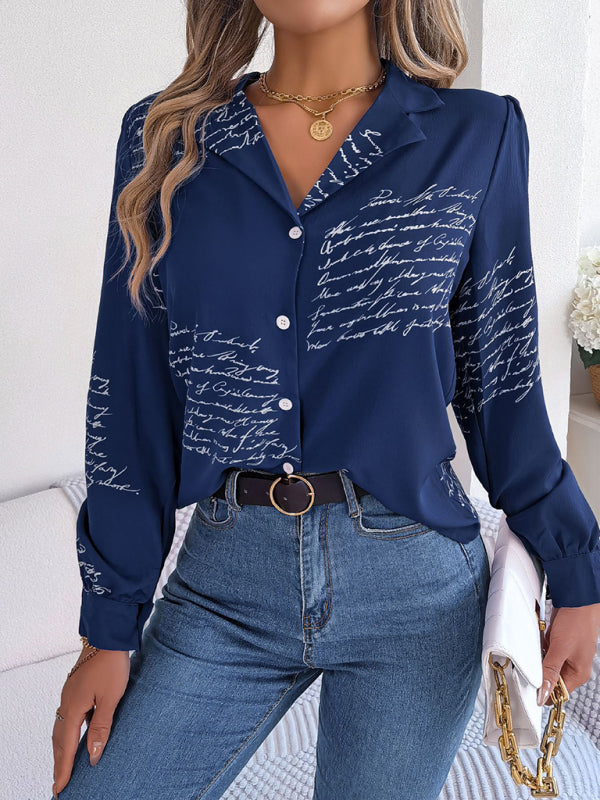 Shirts- Letter Print Shirt - Notch Collar, Long Sleeve, Button-Down Blouse- Purplish blue navy- Pekosa Women Clothing