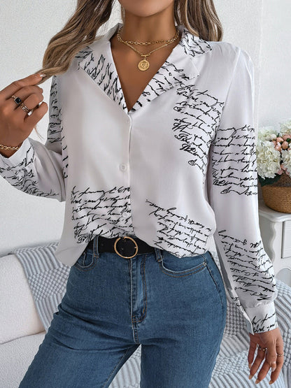 Shirts- Letter Print Shirt - Notch Collar, Long Sleeve, Button-Down Blouse- - Pekosa Women Clothing