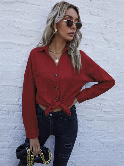 Shirts- Long Sleeve Shirt - Textured Fabric & Patch Pockets Top- Wine Red- Pekosa Women Clothing