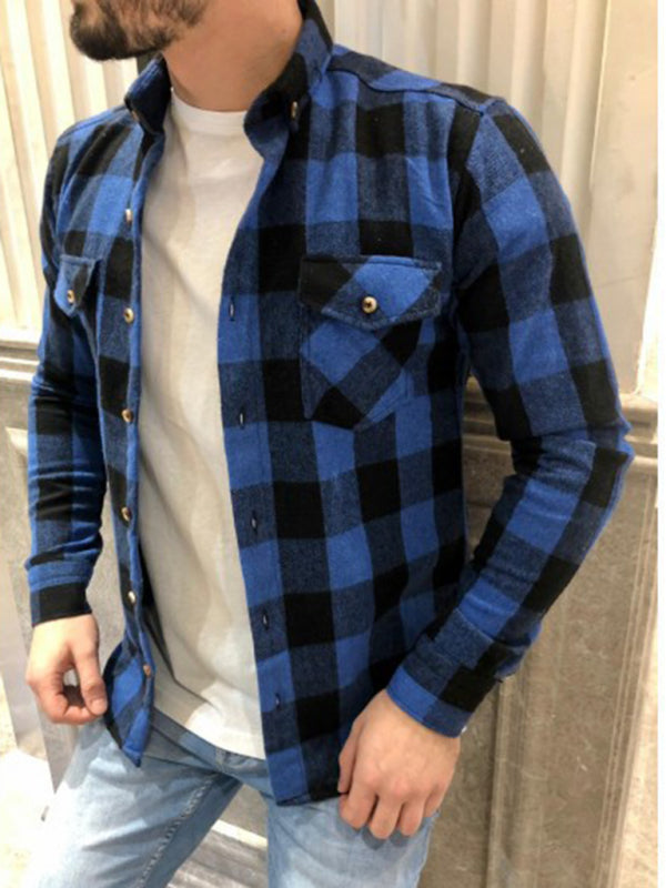 Shirts- Men's Cotton Plaid Flap Shirt with Long Sleeves- Blue- Pekosa Women Clothing