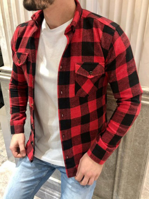 Shirts- Men's Cotton Plaid Flap Shirt with Long Sleeves- Red- Pekosa Women Clothing