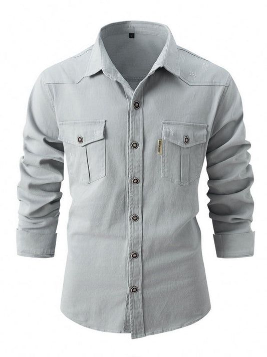 Shirts- Men’s Distressed Cotton Roll-Up Sleeves Shirt- Misty grey- Pekosa Women Fashion