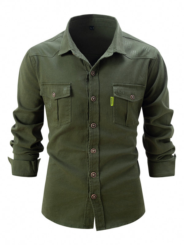 Shirts- Men’s Distressed Cotton Roll-Up Sleeves Shirt- Olive green- Pekosa Women Fashion