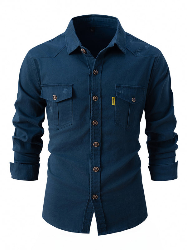 Shirts- Men’s Distressed Cotton Roll-Up Sleeves Shirt- Denim Blue- Pekosa Women Fashion