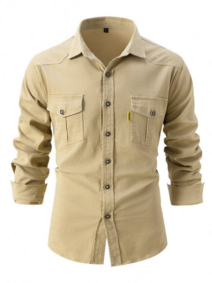 Shirts- Men’s Distressed Cotton Roll-Up Sleeves Shirt- Khaki- Pekosa Women Fashion