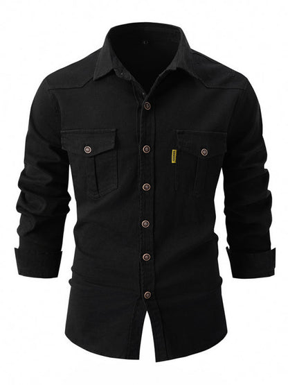 Shirts- Men’s Distressed Cotton Roll-Up Sleeves Shirt- Black- Pekosa Women Fashion