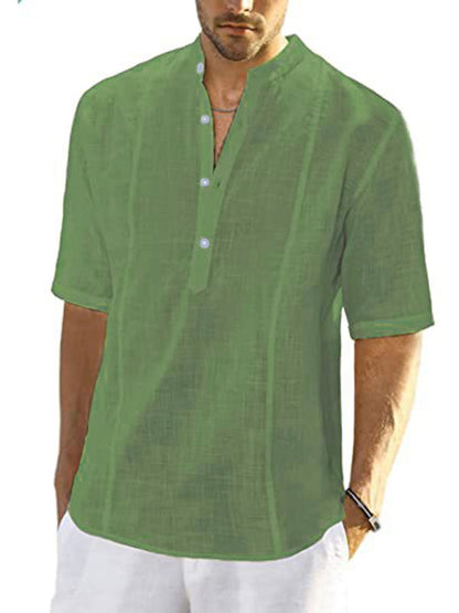 Shirts- Men's Faux Linen Half-Buttoned Short Sleeve Shirt- Olive green- Pekosa Women Clothing