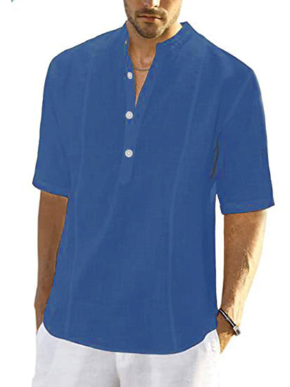 Shirts- Men's Faux Linen Half-Buttoned Short Sleeve Shirt- Champlain color- Pekosa Women Clothing