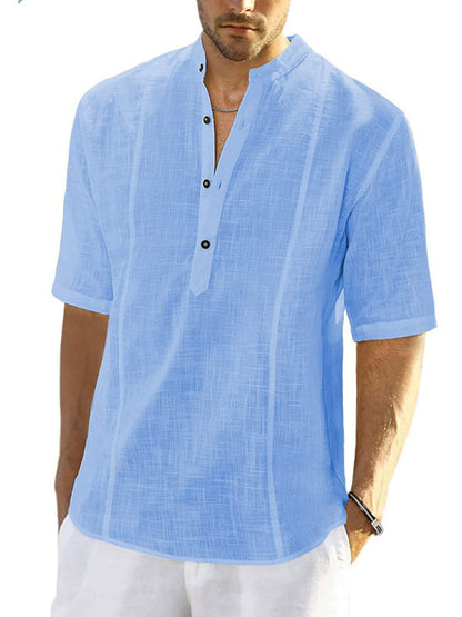 Shirts- Men's Faux Linen Half-Buttoned Short Sleeve Shirt- Clear blue- Pekosa Women Clothing