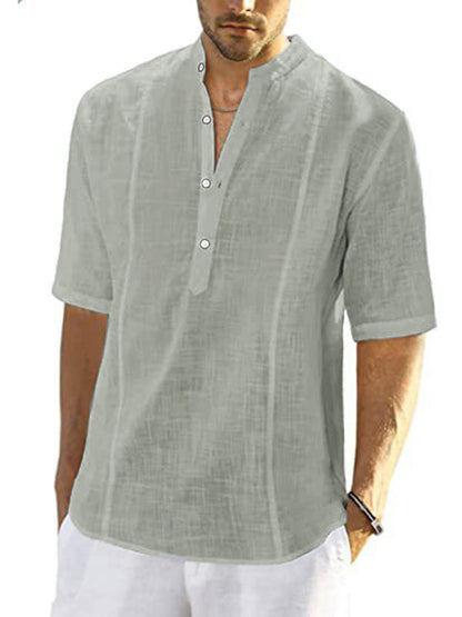 Shirts- Men's Faux Linen Half-Buttoned Short Sleeve Shirt- Grey- Pekosa Women Clothing