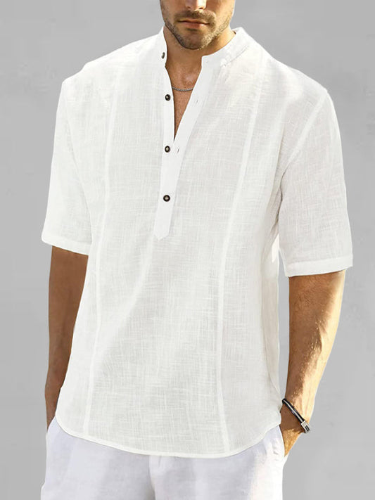 Shirts- Men's Faux Linen Half-Buttoned Short Sleeve Shirt- White- Pekosa Women Clothing