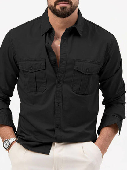 Shirts- Men's Solid Flap Cargo Long Sleeve Shirt- Black- Pekosa Women Clothing