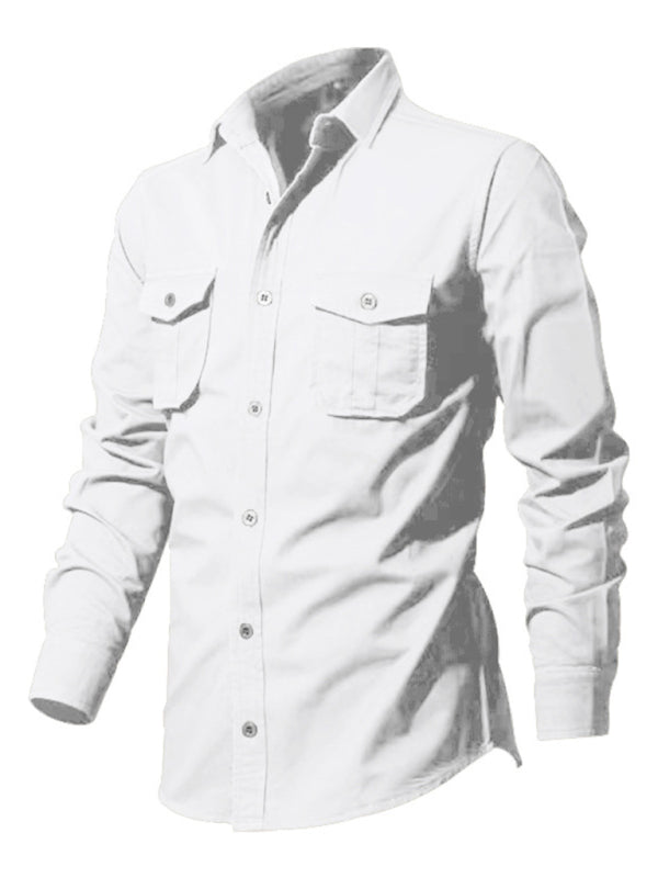 Shirts- Men's Solid Flap Cargo Long Sleeve Shirt- - Pekosa Women Clothing