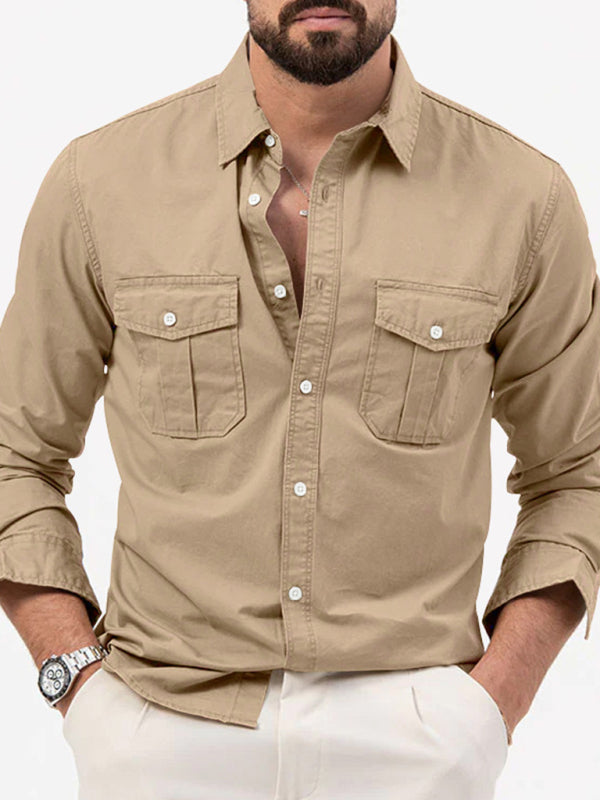 Shirts- Men's Solid Flap Cargo Long Sleeve Shirt- - Pekosa Women Clothing