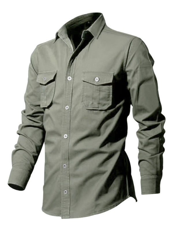 Shirts- Men's Solid Flap Cargo Long Sleeve Shirt- - Pekosa Women Clothing