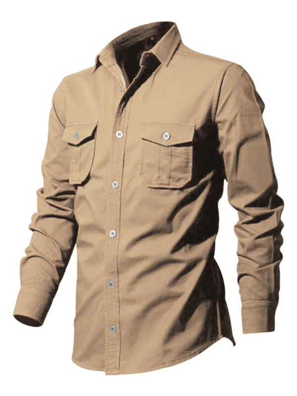 Shirts- Men's Solid Flap Cargo Long Sleeve Shirt- - Pekosa Women Clothing