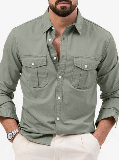 Shirts- Men's Solid Flap Cargo Long Sleeve Shirt- Grey green- Pekosa Women Clothing