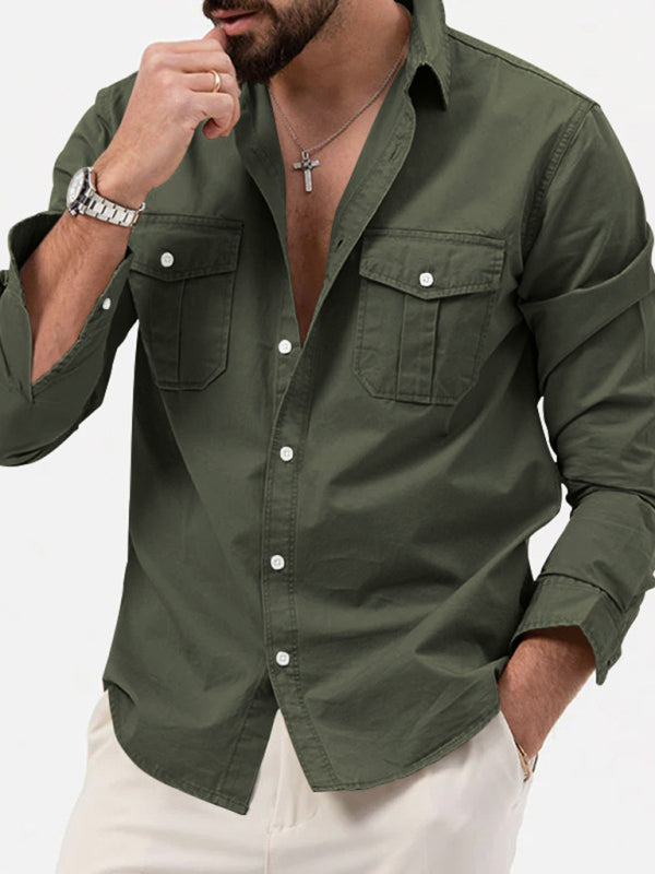 Shirts- Men's Solid Flap Cargo Long Sleeve Shirt- Olive green- Pekosa Women Clothing