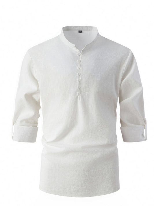 Shirts- Men’s Texture Cotton Henley T-Shirt - Muscle Fit Roll-Up Sleeves Shirt- White- Pekosa Women Fashion