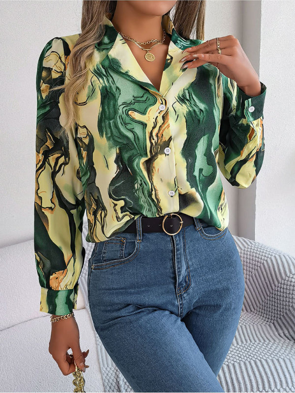 Shirts- Notch Lapel Shirt - Elegant Abstract Print, Long sleeve Blouse- Green- Pekosa Women Clothing