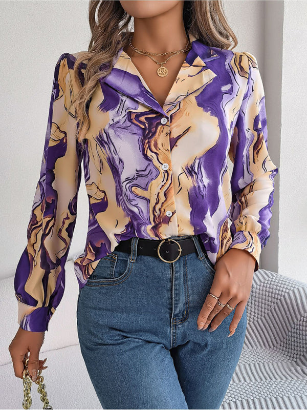 Shirts- Notch Lapel Shirt - Elegant Abstract Print, Long sleeve Blouse- - Pekosa Women Clothing