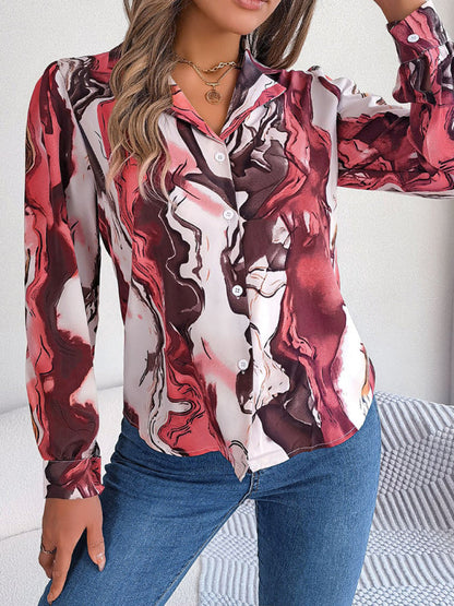 Shirts- Notch Lapel Shirt - Elegant Abstract Print, Long sleeve Blouse- - Pekosa Women Clothing