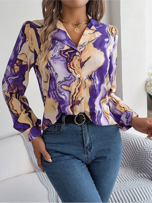 Shirts- Notch Lapel Shirt - Elegant Abstract Print, Long sleeve Blouse- - Pekosa Women Clothing