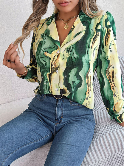 Shirts- Notch Lapel Shirt - Elegant Abstract Print, Long sleeve Blouse- - Pekosa Women Clothing