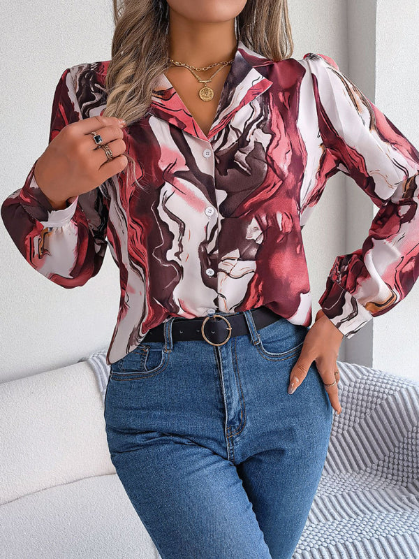 Shirts- Notch Lapel Shirt - Elegant Abstract Print, Long sleeve Blouse- - Pekosa Women Clothing