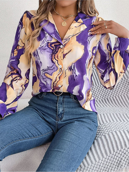 Shirts- Notch Lapel Shirt - Elegant Abstract Print, Long sleeve Blouse- - Pekosa Women Clothing