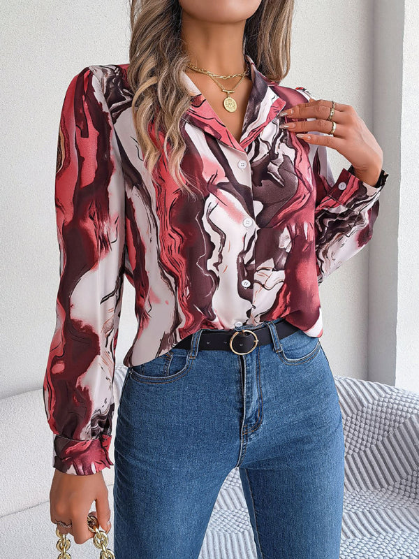 Shirts- Notch Lapel Shirt - Elegant Abstract Print, Long sleeve Blouse- - Pekosa Women Clothing