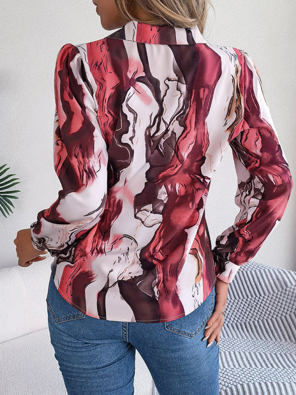 Shirts- Notch Lapel Shirt - Elegant Abstract Print, Long sleeve Blouse- - Pekosa Women Clothing